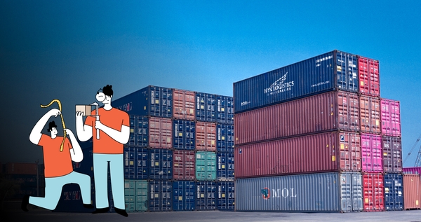 Two characters on a container port background are measuring cargo to make sure to choose the right container size for their shipment with Shipa Freight