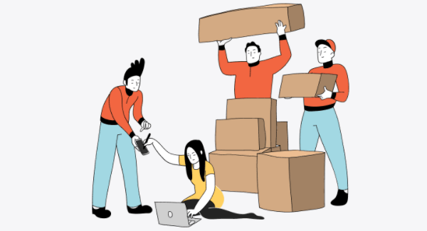 Characters preparing packages with packing list for shipping with Shipa Freight