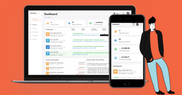 Character standing next to Shipa Freight’s app