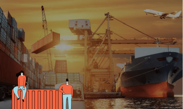 Characters next to container at a port to represent movementy types with Shipa Freight
