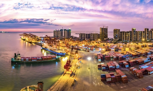 Commercial ocean port with cargo ships and containers