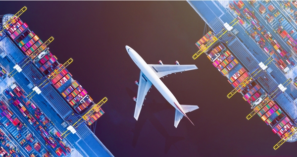 An airplane and cargo ships to represent the debate between air freight and sea freight