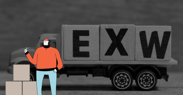 Person standing next cubes spelling EXW for the Incoterm Ex Works when shipping with Shipa Freight.