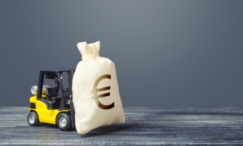 Toy forklift carrying bag with a Euro symbol