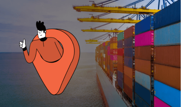 Character coming out of pin location near a cargo ship to represent cargo tracking